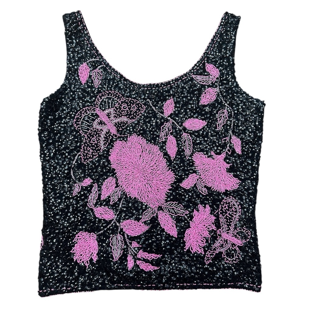 VTG Cardell black and pink beaded and sequins butterfly flower top 100% wool